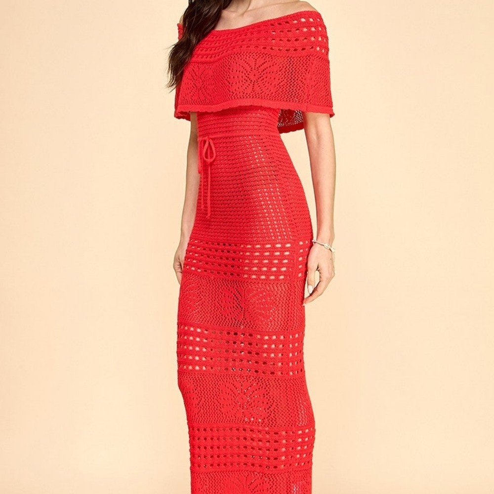 Off the Shoulder Beach Crochet Midi Dress- Red - Picture 5 of 5